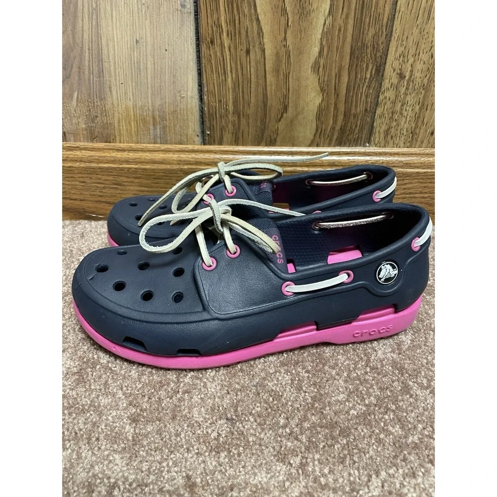 Crocs Kid Girls Shoes Beach Line Boat Shoes J4 (BIG Kid) Lace Up‎ Blue Pink Tie